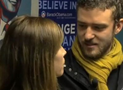 Justin Timberlake and Jessica Biel look at each other while doing a video to support Obama for president